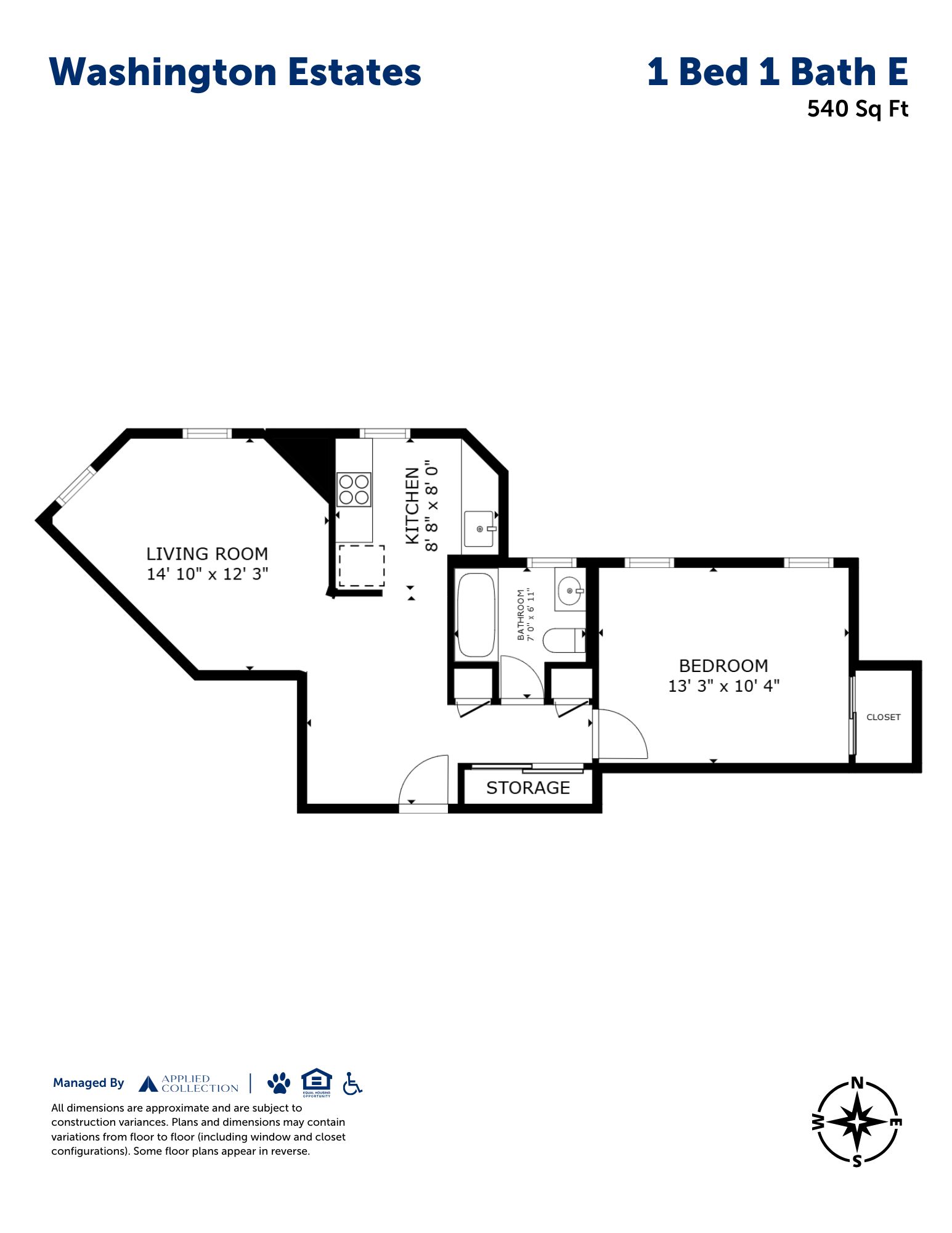 Floor plan for 1 bed, 1 bath, 540 sqft